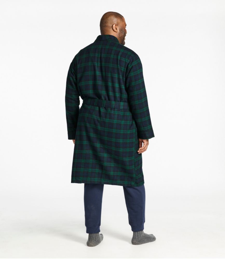 Men's plaid flannel robe, back view, belted, knee-length, worn with navy joggers and gray socks
