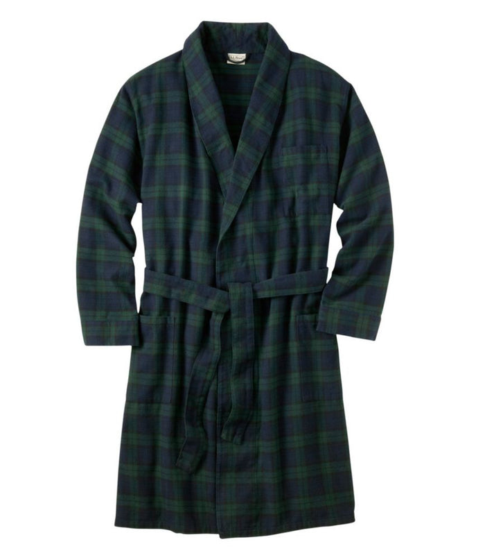 Men's plaid flannel robe with shawl collar, belt, and pockets, flat lay view