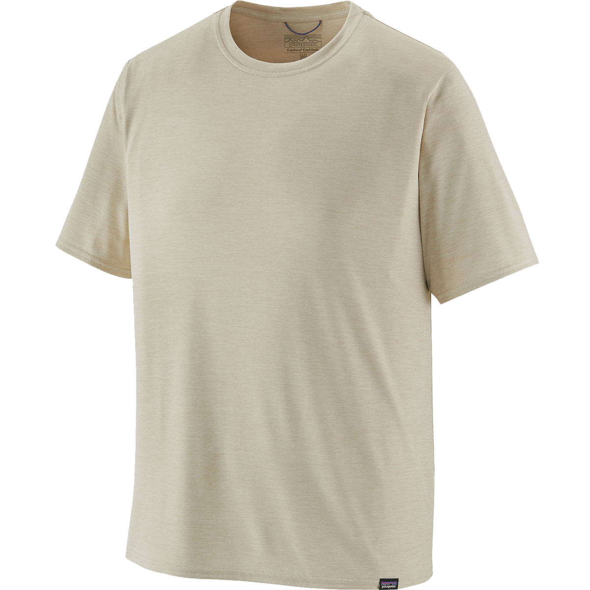 Light beige short-sleeve crew neck t-shirt displayed flat on white background