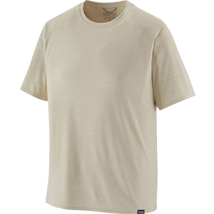Light beige short-sleeve crew neck t-shirt displayed flat on white background