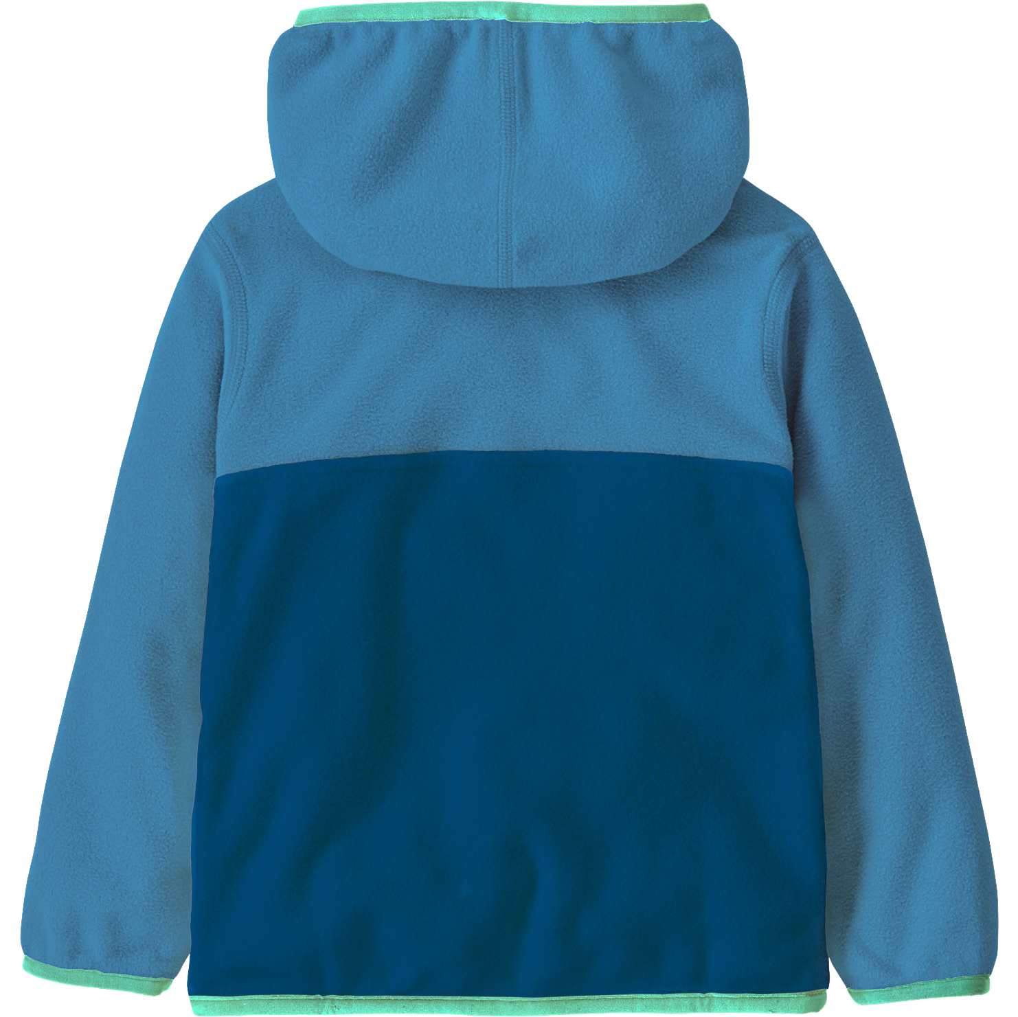 Blue fleece pullover jacket with hood shown from back, featuring color-blocked design and green trim