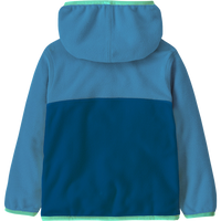 Blue fleece pullover jacket with hood shown from back, featuring color-blocked design and green trim