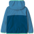 Blue fleece pullover jacket with hood shown from back, featuring color-blocked design and green trim