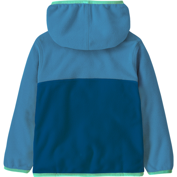 Blue fleece pullover jacket with hood shown from back, featuring color-blocked design and green trim