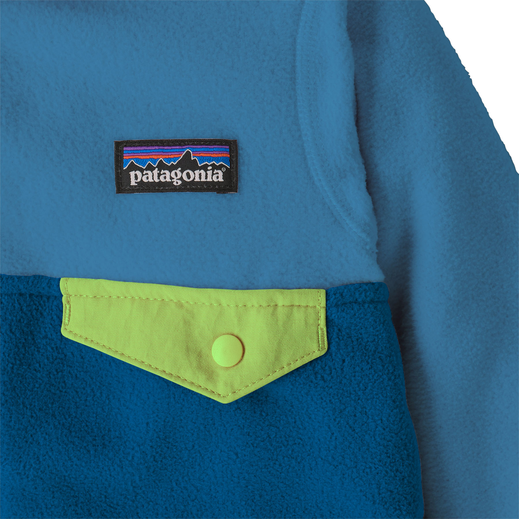 Bright blue fleece pullover with lime green snap chest pocket, close-up detail view