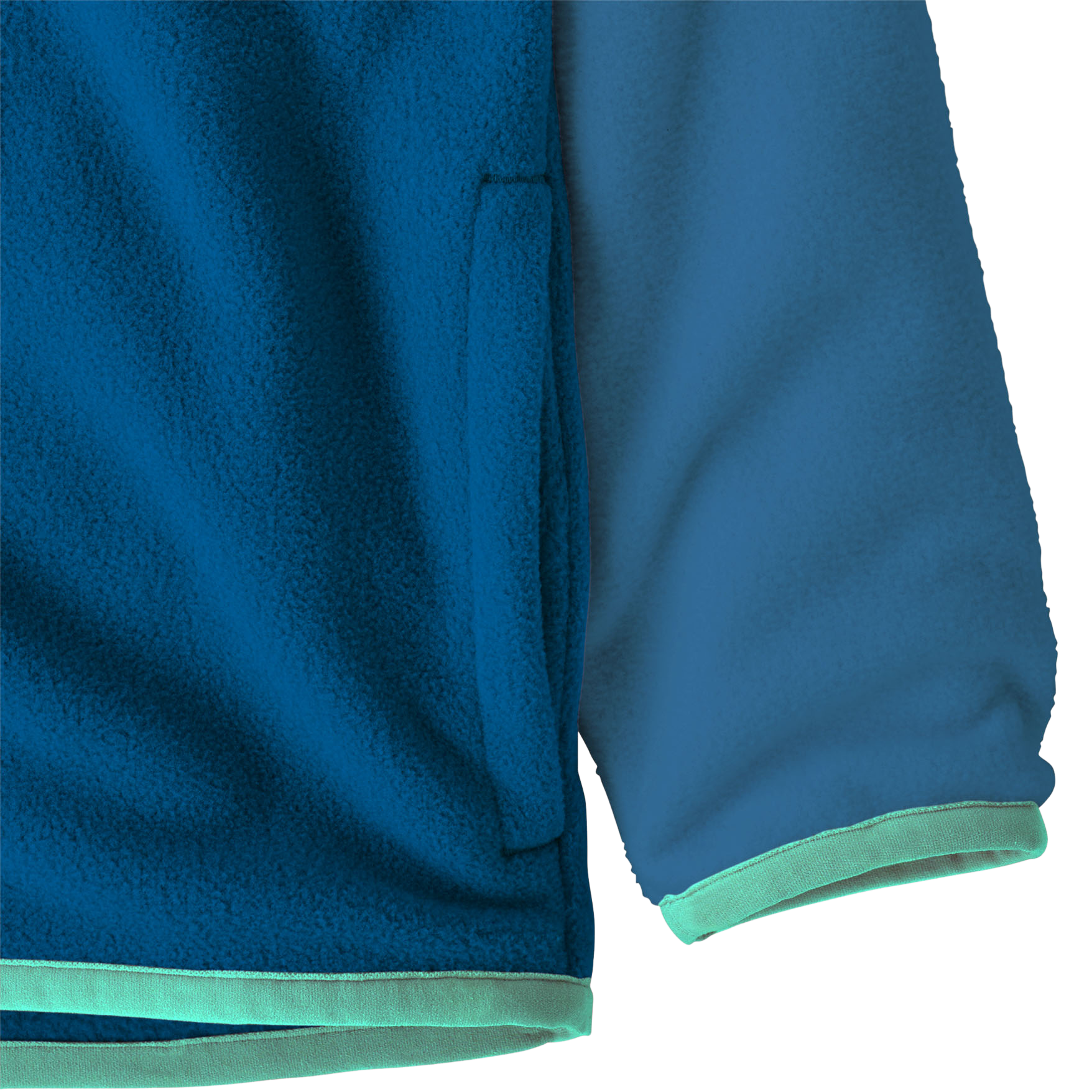 Blue fleece jacket with snap closure and contrasting green trim at cuffs and hem
