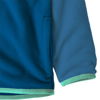 Blue fleece jacket with snap closure and contrasting green trim at cuffs and hem