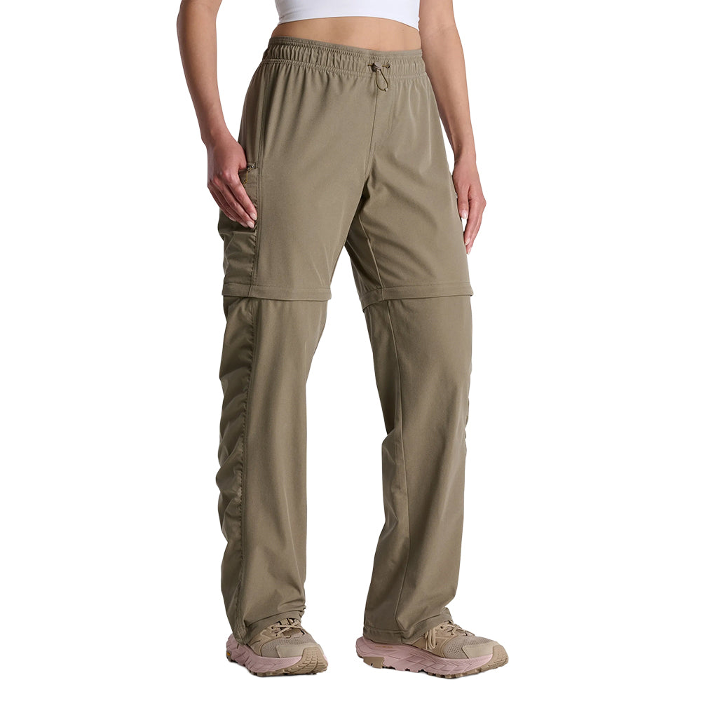 Olive green convertible hiking pants with zip-off legs and elastic waistband