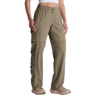 Olive green convertible hiking pants with zip-off legs and elastic waistband