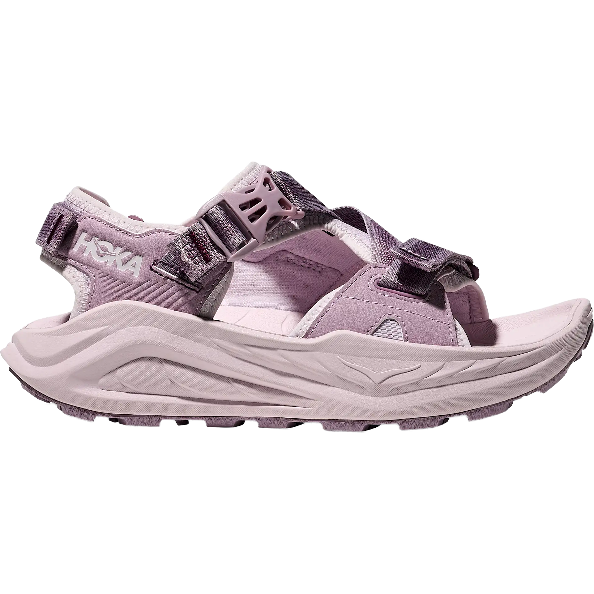 Light purple hiking sandals with adjustable straps and chunky athletic sole, side view