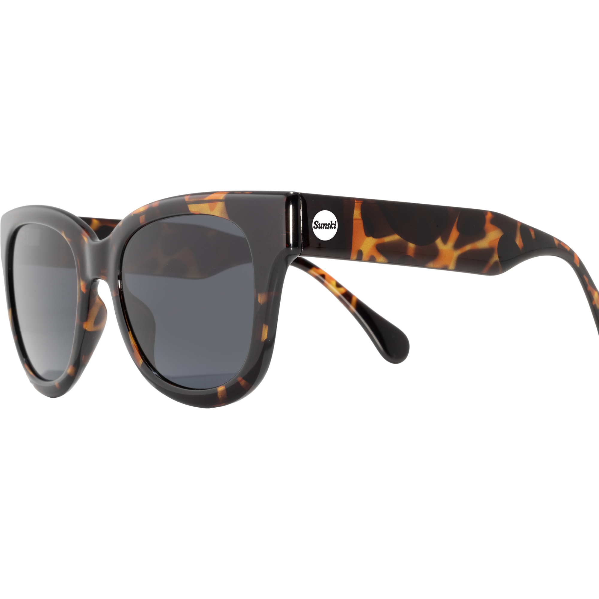 Tortoiseshell pattern sunglasses with dark lenses shown at three-quarter angle view
