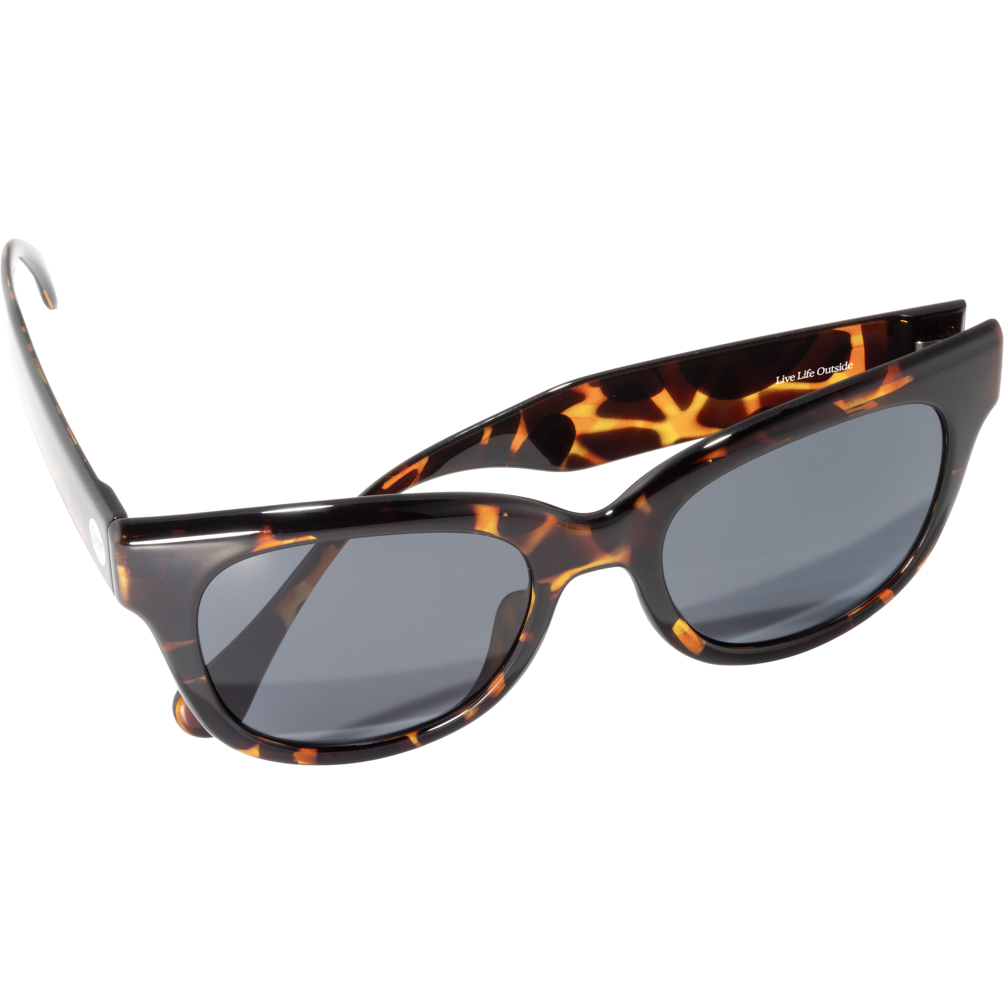 Tortoiseshell pattern sunglasses with dark gray lenses shown at an angle on white background