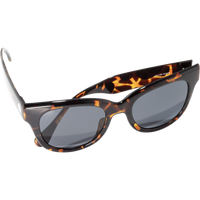 Tortoiseshell pattern sunglasses with dark gray lenses shown at an angle on white background