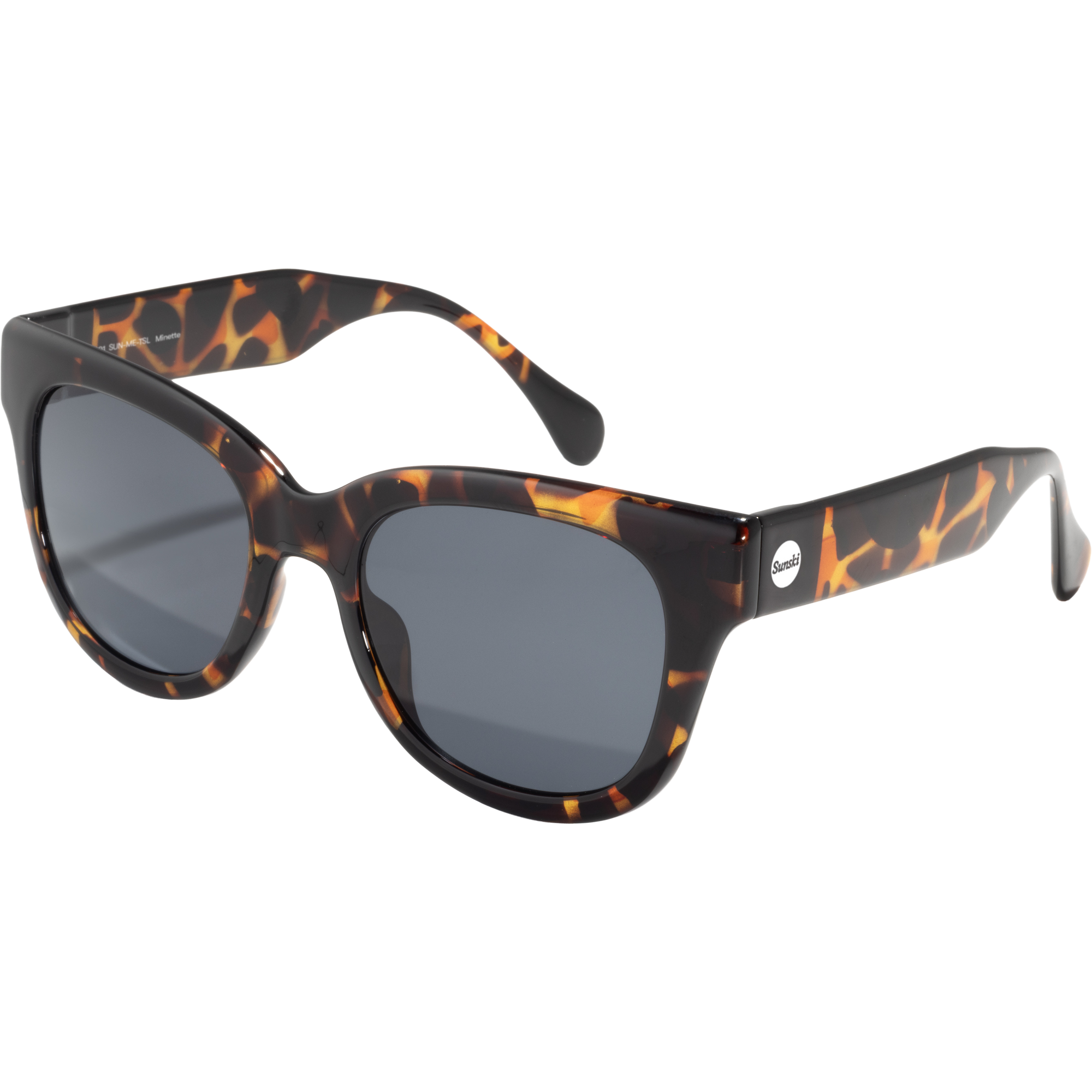 Tortoiseshell pattern sunglasses with dark gray lenses and thick square frames, side angle view