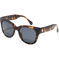 Tortoiseshell pattern sunglasses with dark gray lenses and thick square frames, side angle view
