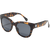 Tortoiseshell pattern sunglasses with dark gray lenses and thick square frames, side angle view