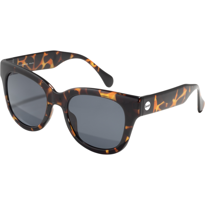 Tortoiseshell pattern sunglasses with dark gray lenses and thick square frames, side angle view