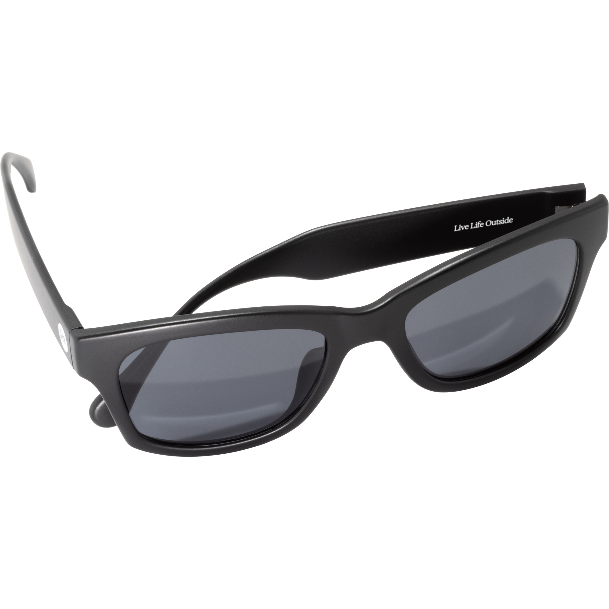 Black rectangular sunglasses with dark gray lenses shown at an angle