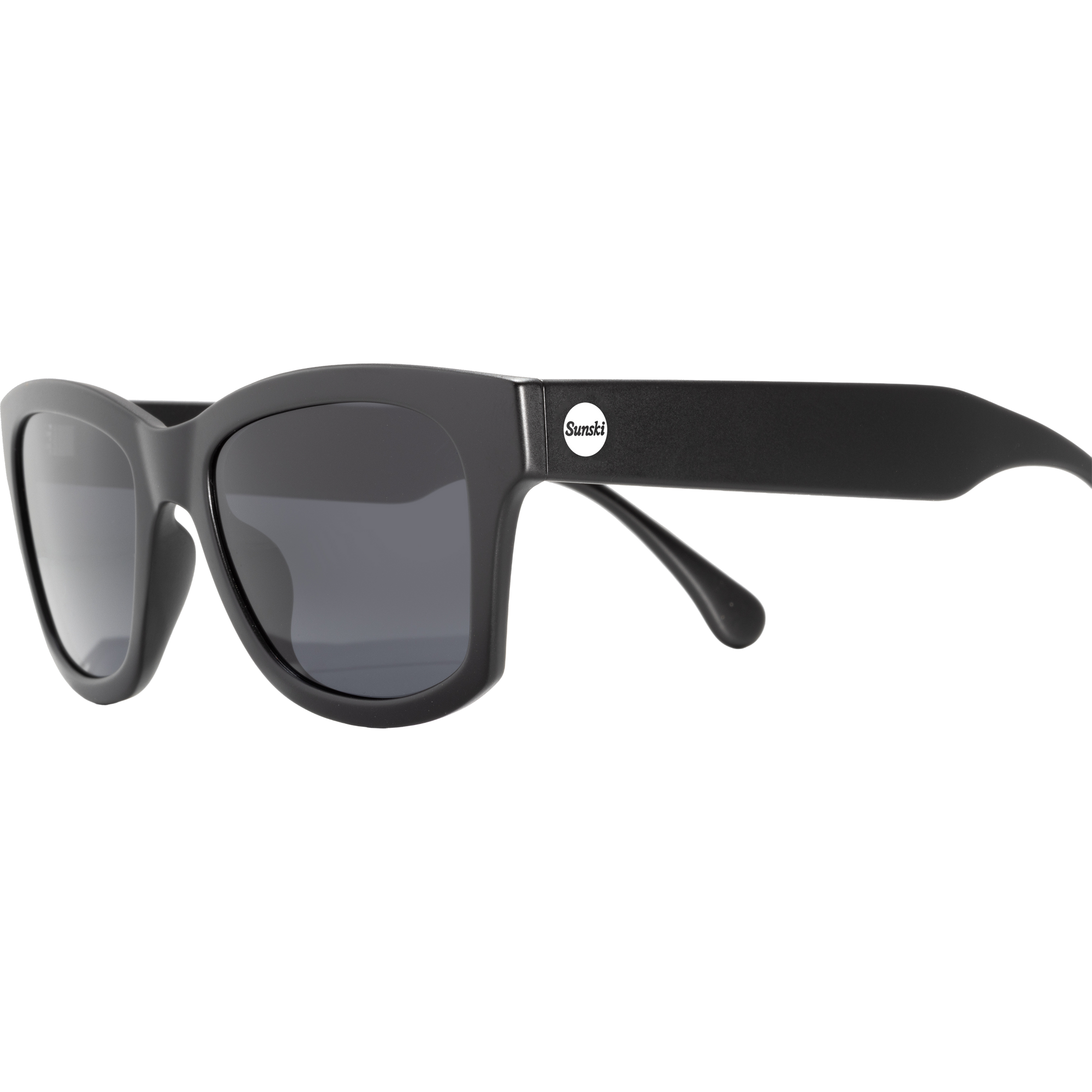 Black square-frame sunglasses with dark lenses shown at three-quarter angle