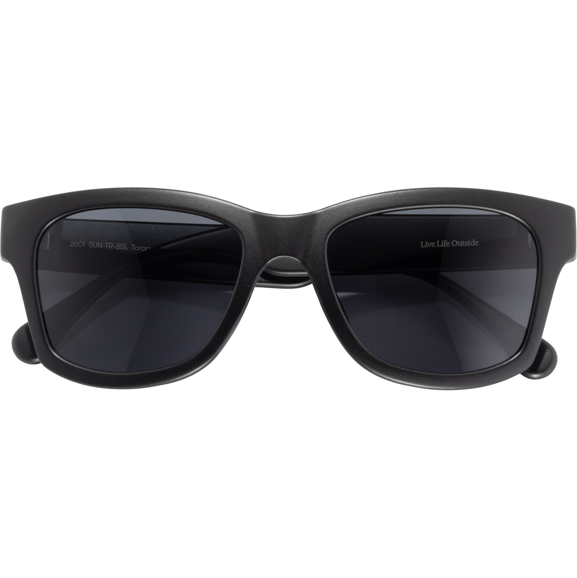 Matte black sunglasses with thick frames and dark lenses on white background