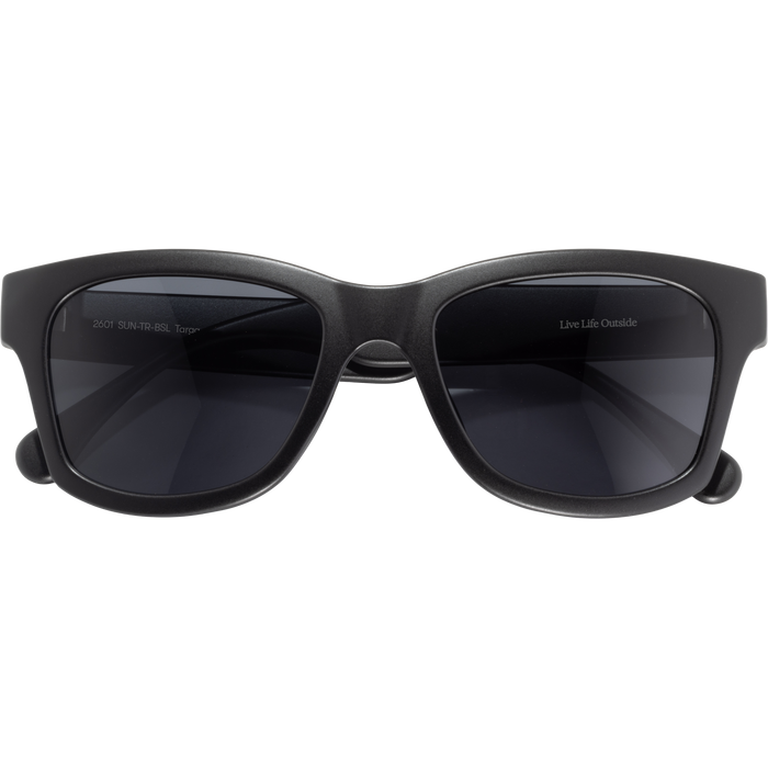 Matte black sunglasses with thick frames and dark lenses on white background