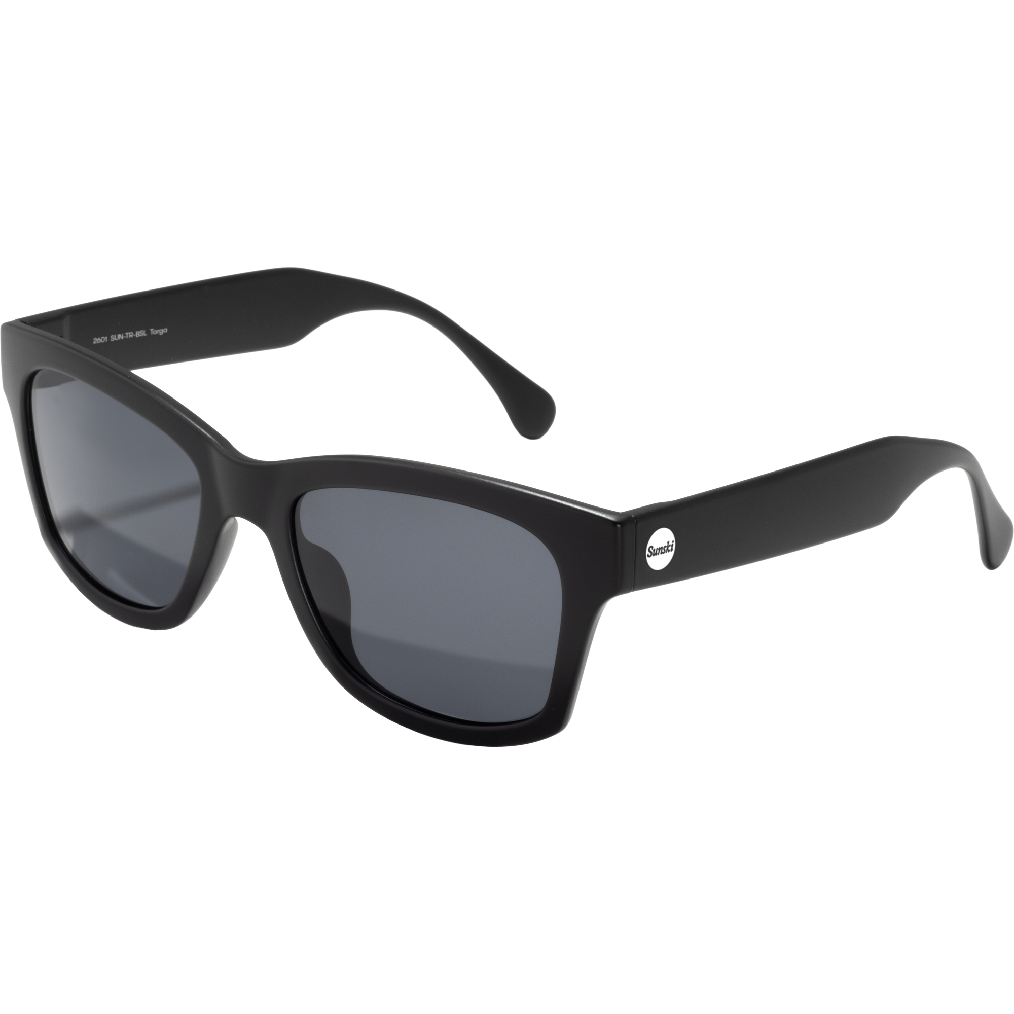 Black framed sunglasses with dark gray lenses and thick temple arms, three-quarter view