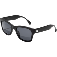 Black framed sunglasses with dark gray lenses and thick temple arms, three-quarter view