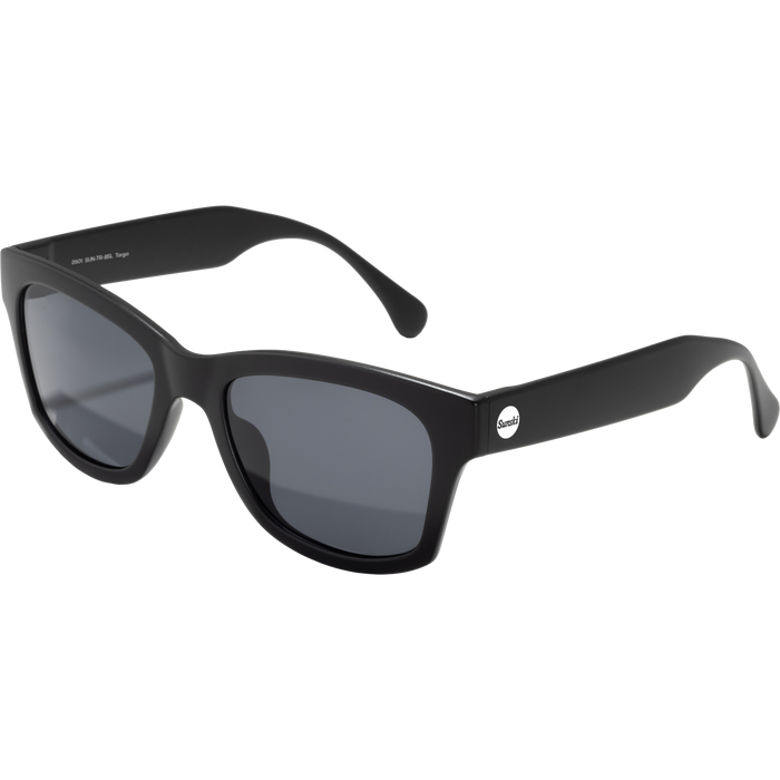 Black framed sunglasses with dark gray lenses and thick temple arms, three-quarter view