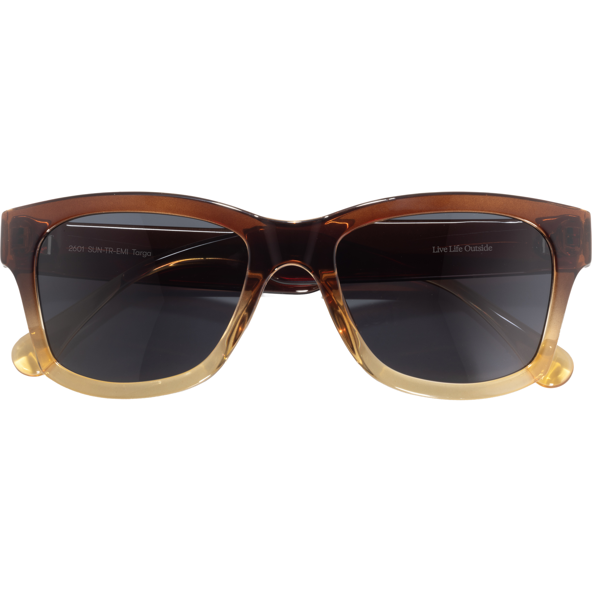Square-frame sunglasses with brown tortoiseshell gradient pattern and dark lenses on white background