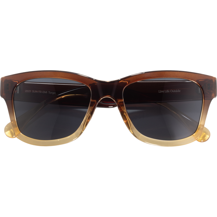 Square-frame sunglasses with brown tortoiseshell gradient pattern and dark lenses on white background