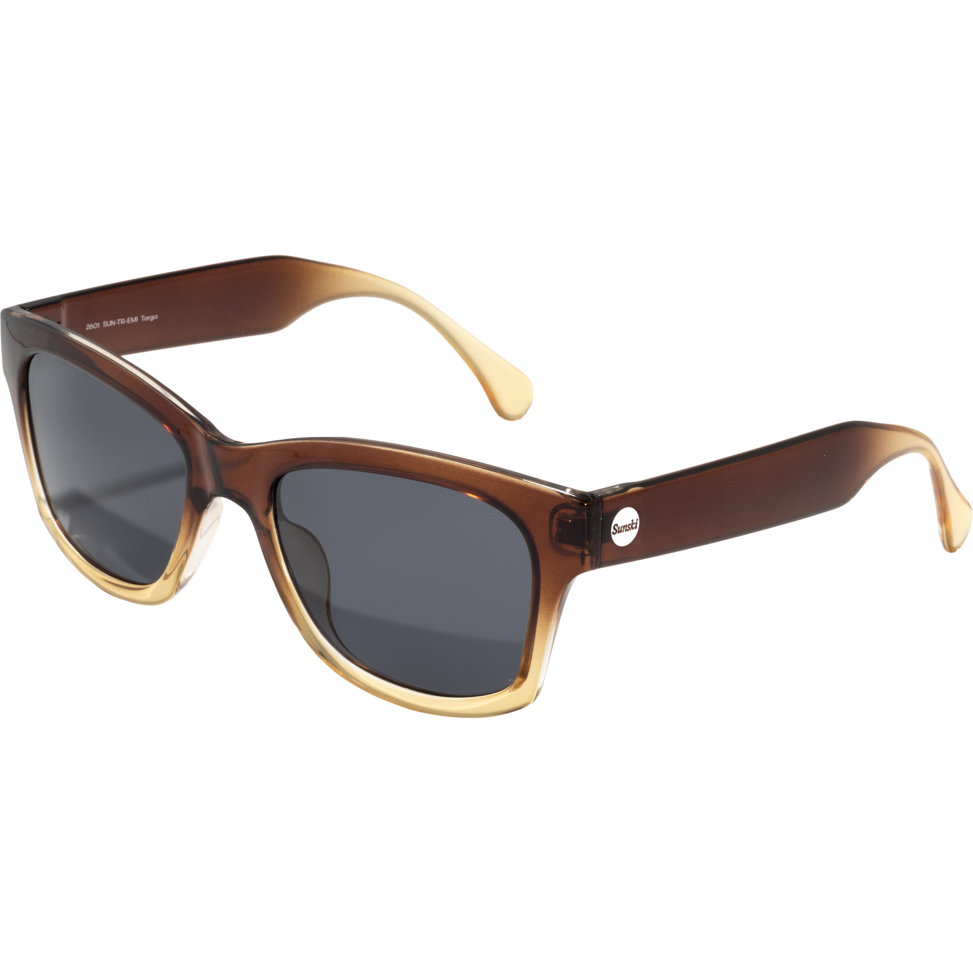 Square-frame sunglasses with brown gradient tortoiseshell pattern and dark lenses, angled view
