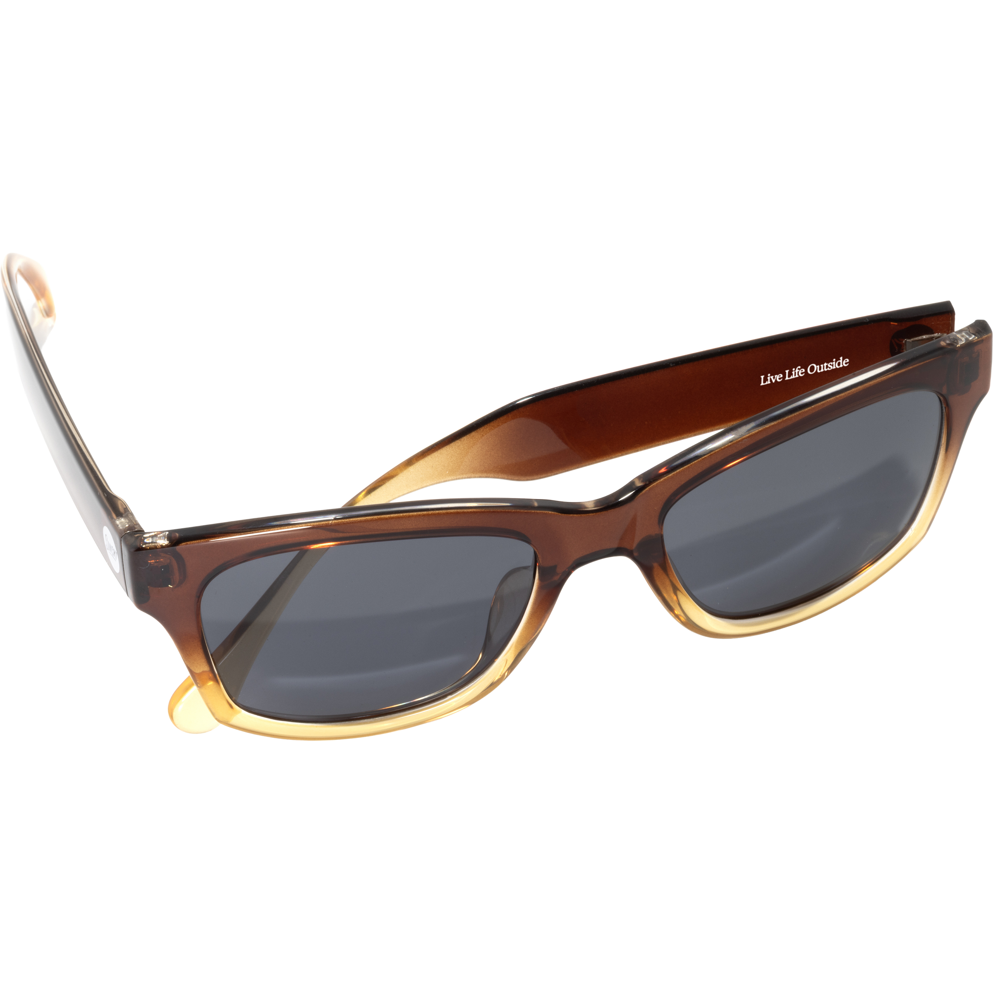 Tortoiseshell sunglasses with brown to amber gradient frames and dark gray lenses, angled view