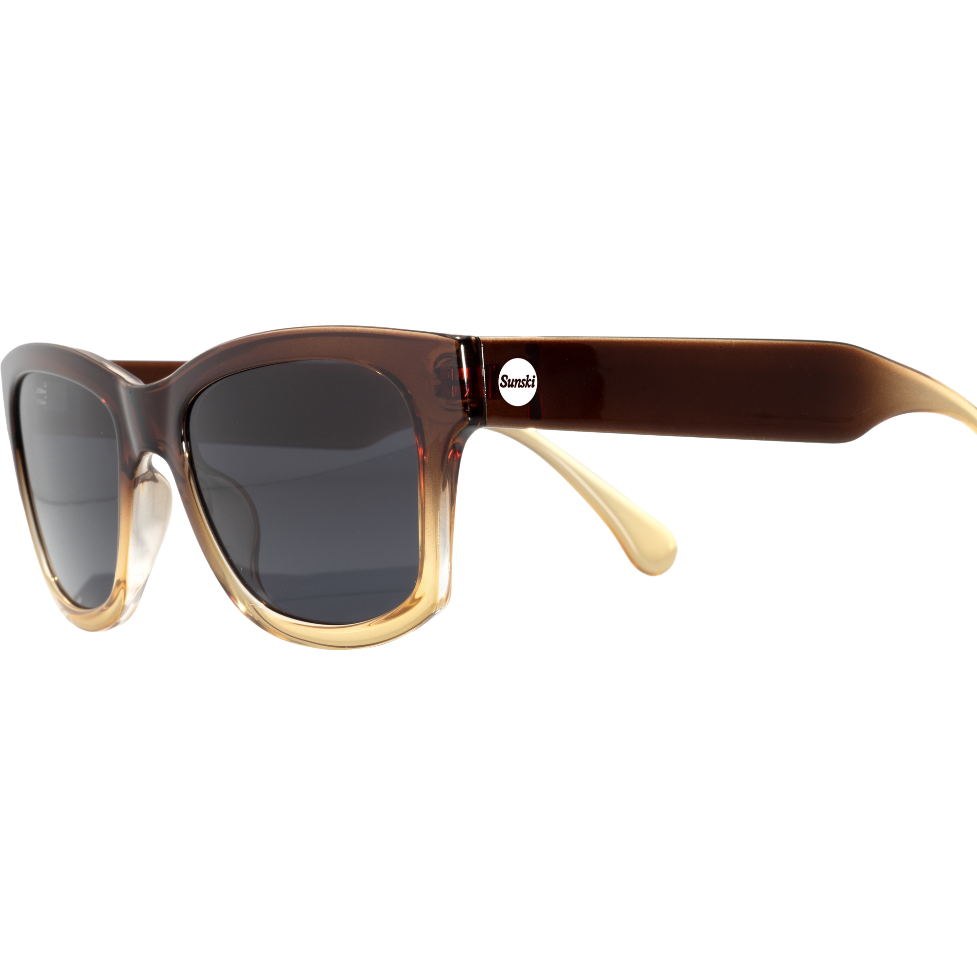 Tortoiseshell sunglasses with gradient brown to amber frames and dark lenses, side angle view