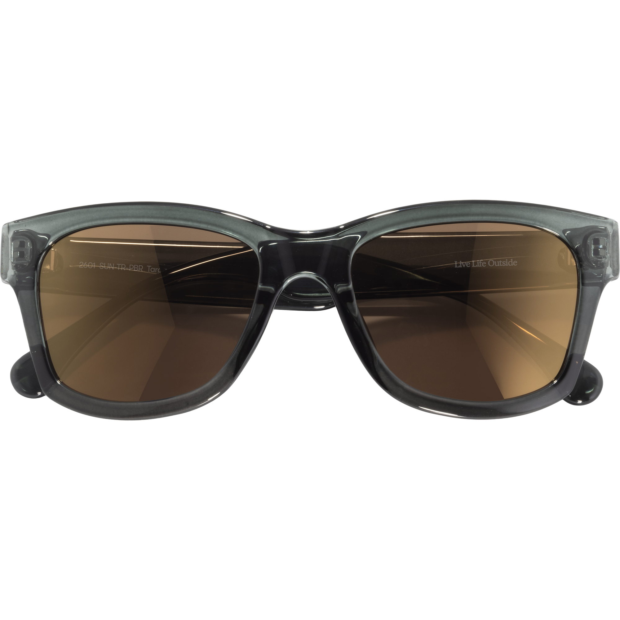 Square-framed sunglasses with translucent gray-green frames and bronze gradient lenses, front view
