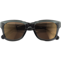 Square-framed sunglasses with translucent gray-green frames and bronze gradient lenses, front view