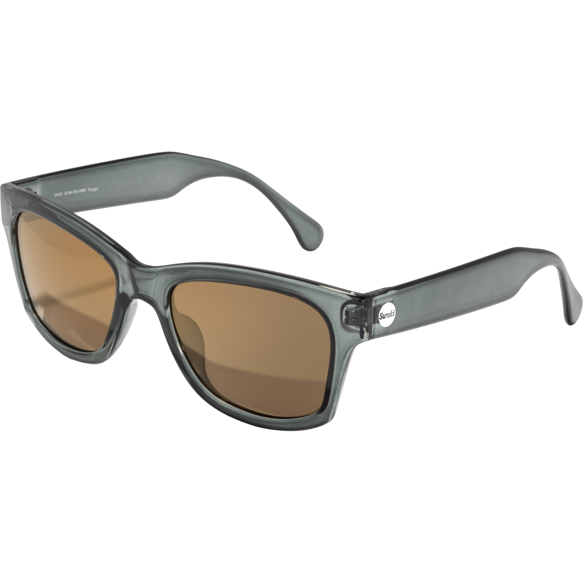 Translucent gray sunglasses with brown lenses and white logo on temple, angled view