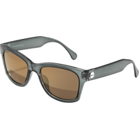 Translucent gray sunglasses with brown lenses and white logo on temple, angled view