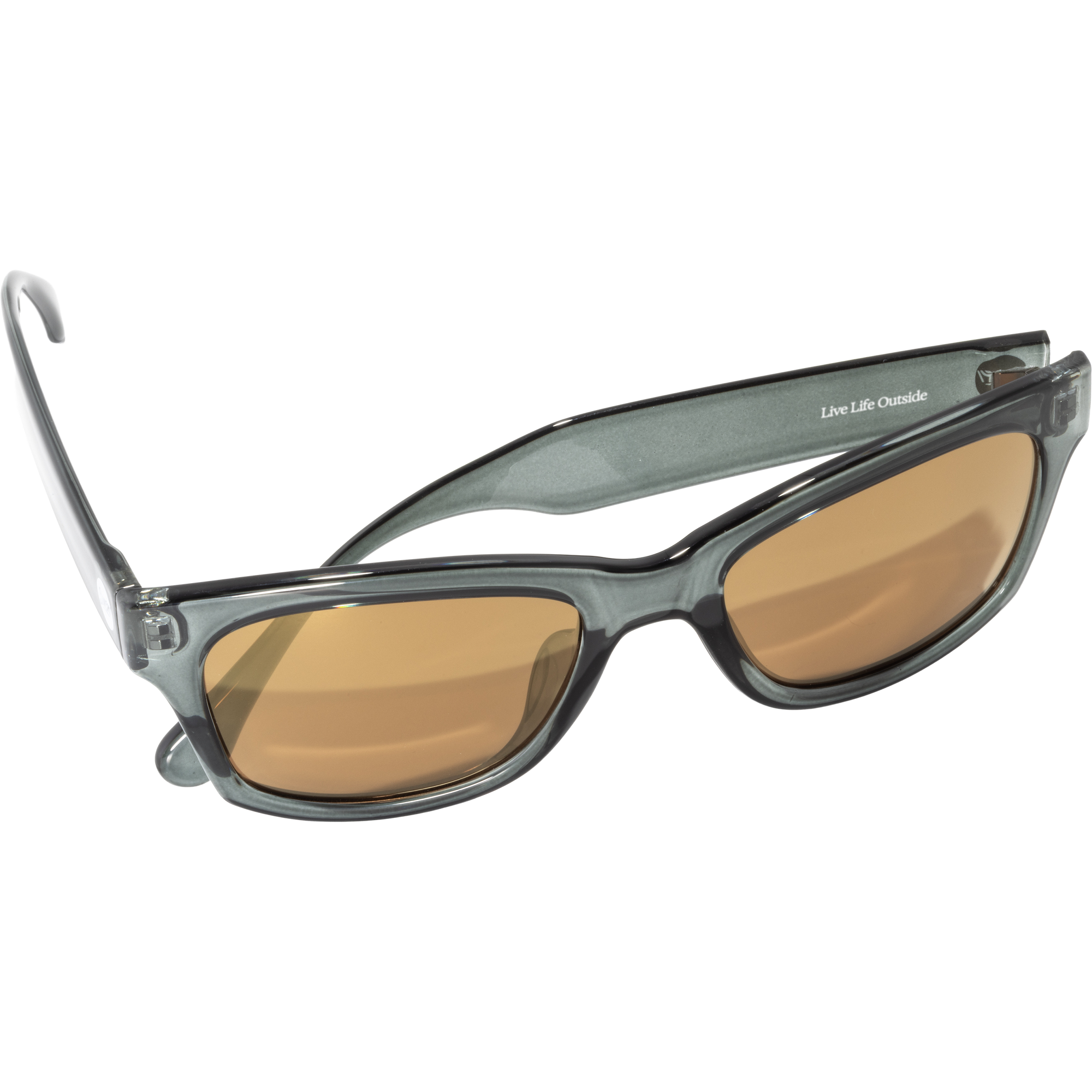 Translucent sunglasses with amber lenses shown at three-quarter angle on white background