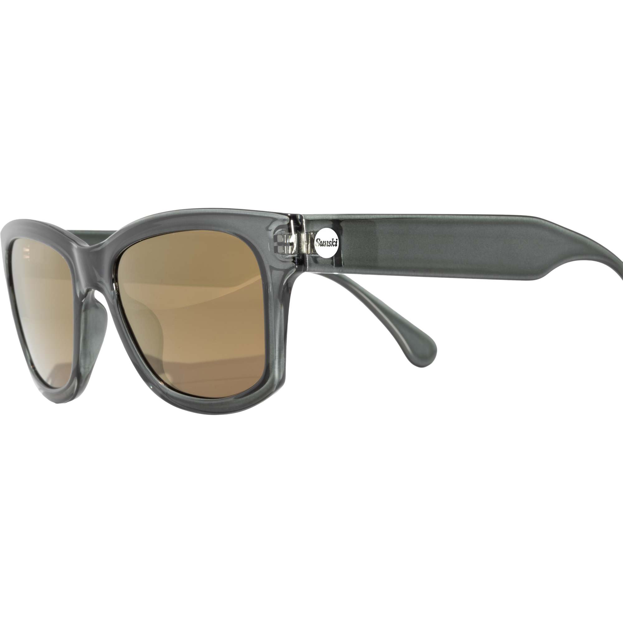 Gray framed sunglasses with brown gradient lenses shown at three-quarter angle