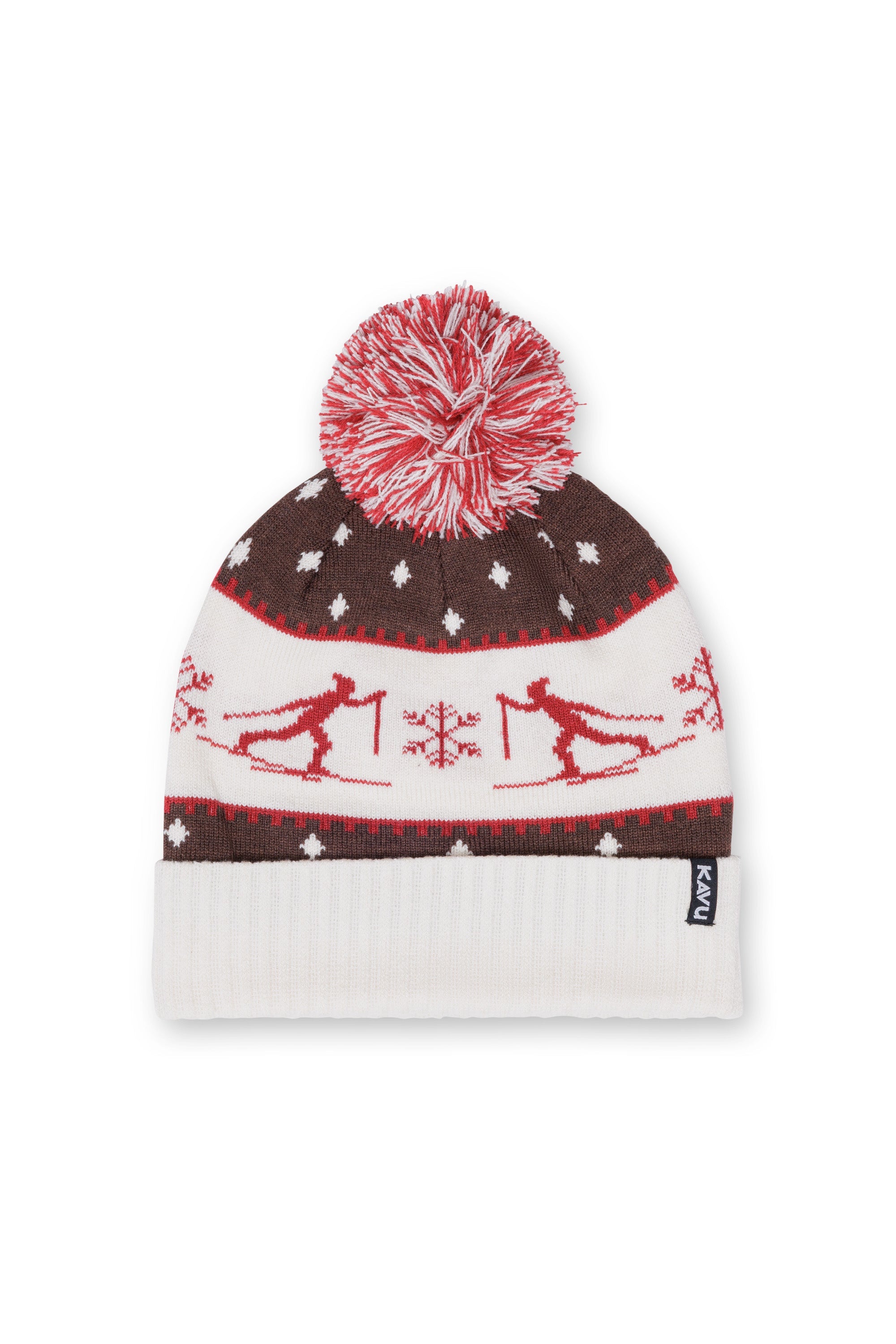 Knit winter beanie with pom-pom, Nordic skier pattern in red, brown, and white
