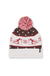 Knit winter beanie with pom-pom, Nordic skier pattern in red, brown, and white