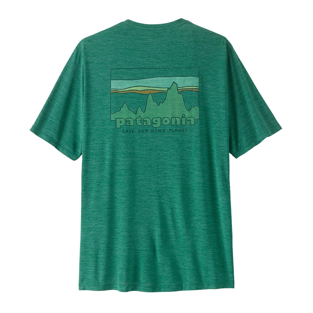 Heathered green short-sleeve t-shirt with mountain landscape graphic on back, rear view