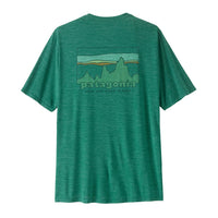 Heathered green short-sleeve t-shirt with mountain landscape graphic on back, rear view