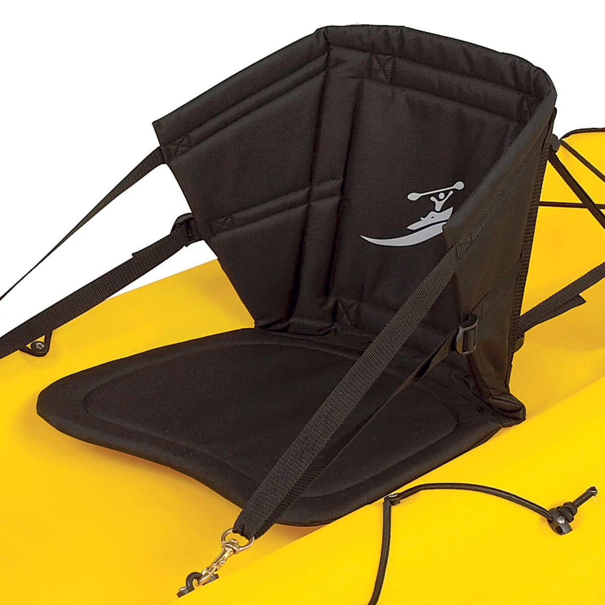 Black padded kayak seat back with adjustable straps mounted on yellow kayak hull