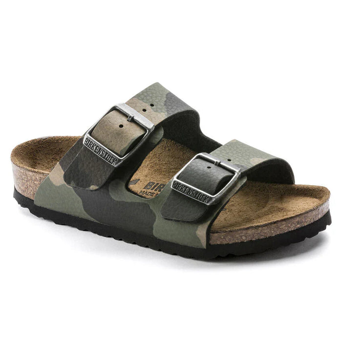 Two-strap sandal with camouflage pattern and buckle closures on white background