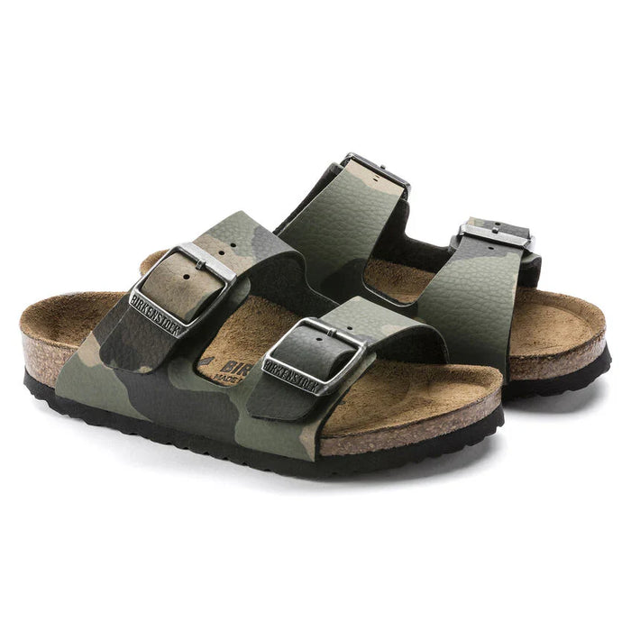 Green camouflage two-strap sandals with adjustable buckles and cork footbed, side view