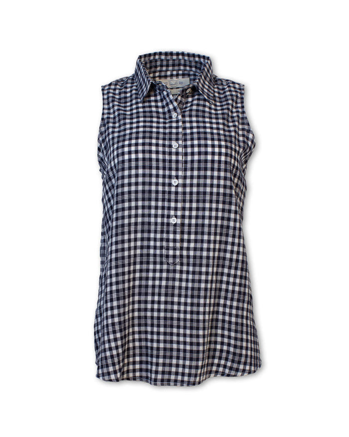 Sleeveless gingham checkered button-up shirt in navy and white pattern, front view