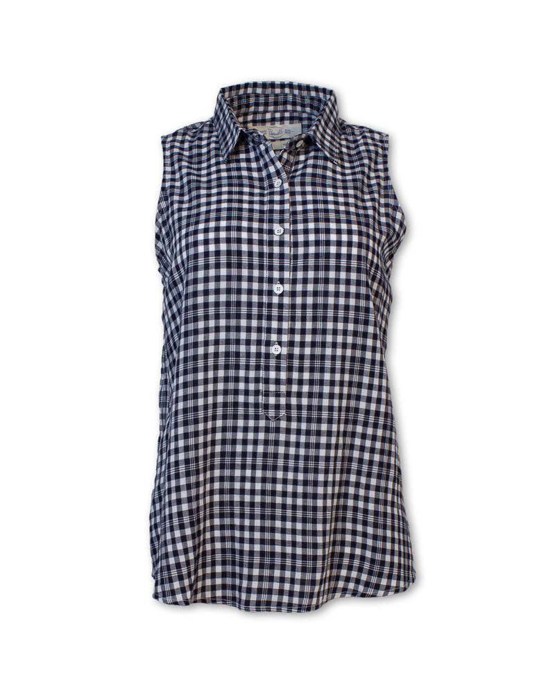 Sleeveless gingham checkered button-up shirt in navy and white pattern, front view