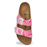 Two-strap sandal with pink marbled pattern straps and cork footbed, angled view