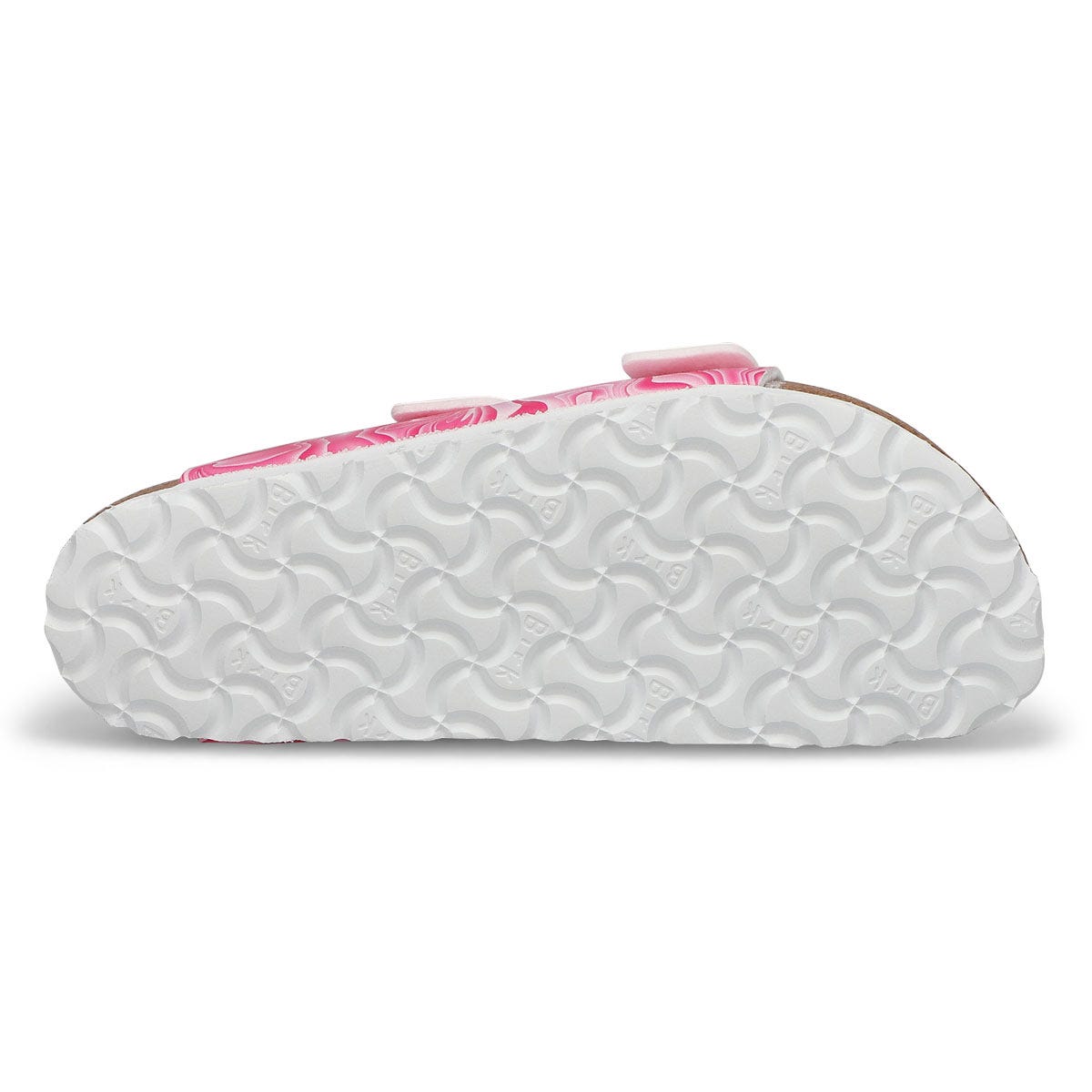 Pink patterned two-strap sandal shown from sole side view with textured white footbed